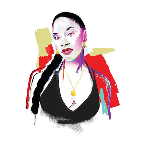a painting of a woman on a white background with long braided hair and a gold necklace and highlights of red, purple, green, and turquoise behind her and on her.